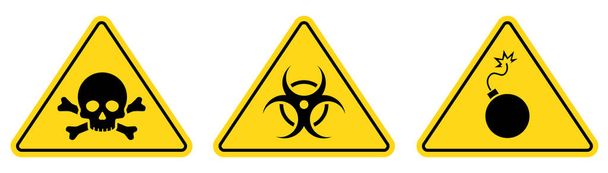 Опасные токсичные, ядовитые, токсичные, признаки биологической опасности. Череп, вирус, химическая опасность, желтый треугольник символ элемента. Векторная иллюстрация - Вектор,изображение