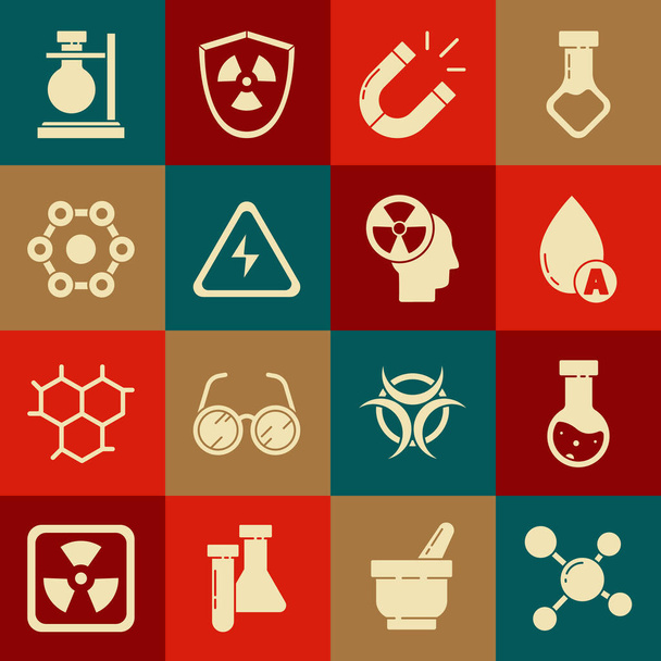 Set Molécula, Tubo de ensayo y matraz químico, Gota de agua, Imán, Signo de alto voltaje, Fórmula química, en soporte e icono de radiación de cabeza humana. Vector - Vector, imagen