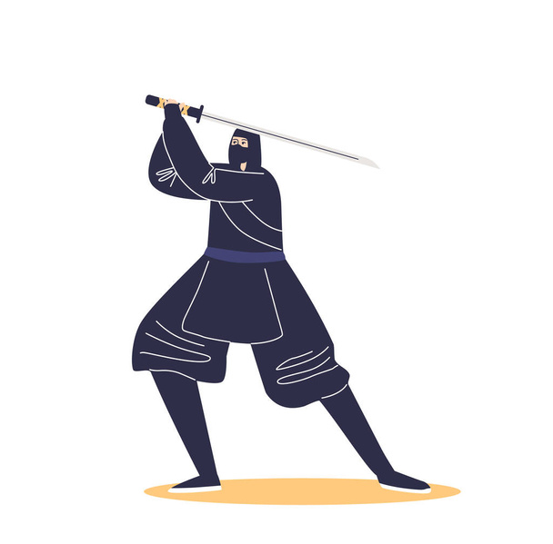 Kung fu samurai warrior with sword. Ancient chinese wushu fighter in traditional black costume attack with weapon. Martial arts concept. Cartoon flat vector illustration - Vektör, Görsel