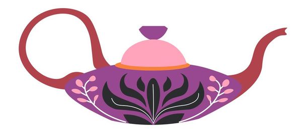 Kitchenware for brewing tasty tea, isolated pot with handle and decorative ornaments, floral leaf pattern. Kettle for preparing hot beverages. Porcelain dishes for cooking. Vector in flat style - Διάνυσμα, εικόνα