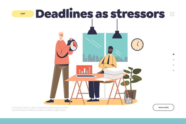 Deadline stressor concept of landing page with angry boss standing at frustrated worker with clock pointing at time. Overworked man manager stressed with extra work. Cartoon flat vector illustration - Vector, Image