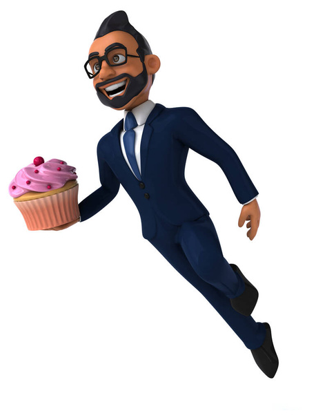Fun 3D cartoon illustration of an indian businessman with cupcake  - Фото, изображение