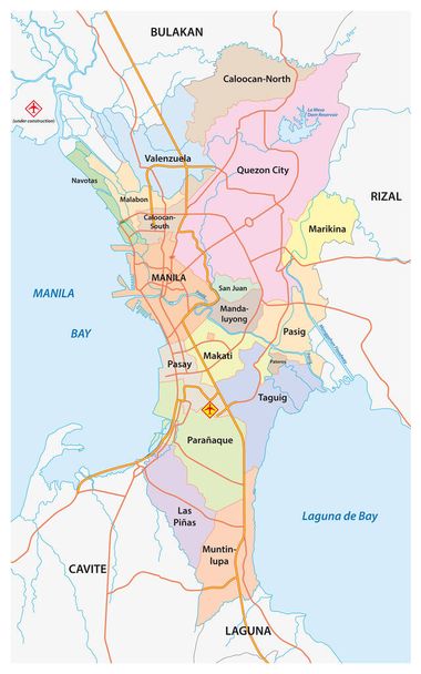 Mapa administracyjna, polityczna i drogowa Metro Manila, Filipiny - Wektor, obraz
