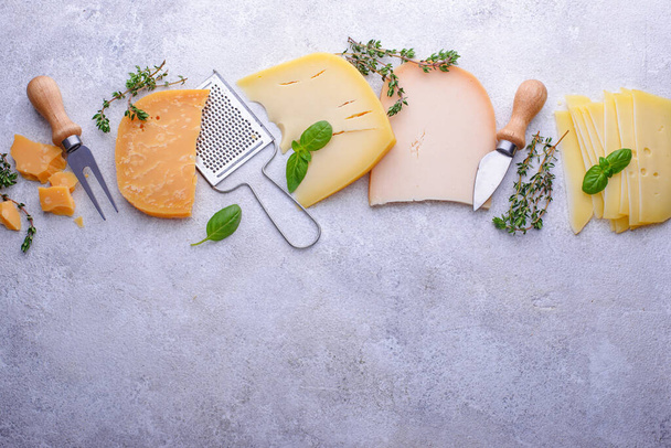 Farklı çeşit peynir. Parmesan, çedar, gouda ve maasdam. - Fotoğraf, Görsel