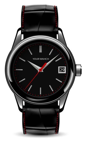 Realistische horloge klok rood zilver zwart lederen band op wit design klassieke luxe vector - Vector, afbeelding