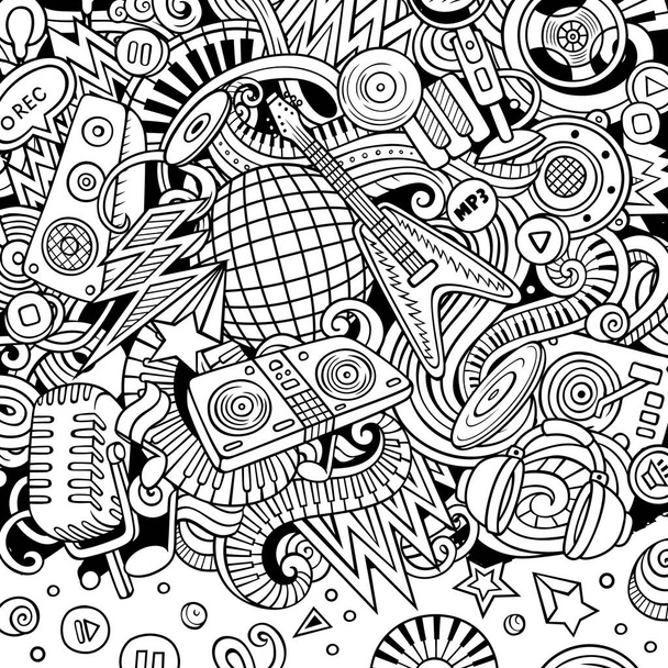 Cartoon Vector Doodles Disco Musik Rahmen. Linienkunst, detailliert, mit vielen Objekten Hintergrund. Alle Objekte trennen sich. Skizzenhafte musikalisch-komische Grenze - Vektor, Bild