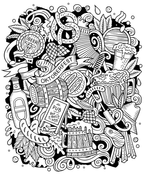 Cartoon vector doodles Beer fest illustration. Line art, detailed, with lots of objects background. All objects separate. Sketchy Oktoberfest funny picture - Vector, afbeelding