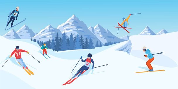 Kış sporları konsepti. Karlı Alplerde ya da dağlarda kayak ya da snowboard yapan mutlu erkek ve kadınlar. Yüksek uçurumlar, kar yığınları ve karakterlerle dolu bir manzara. Çizgi film düz vektör çizimi - Vektör, Görsel