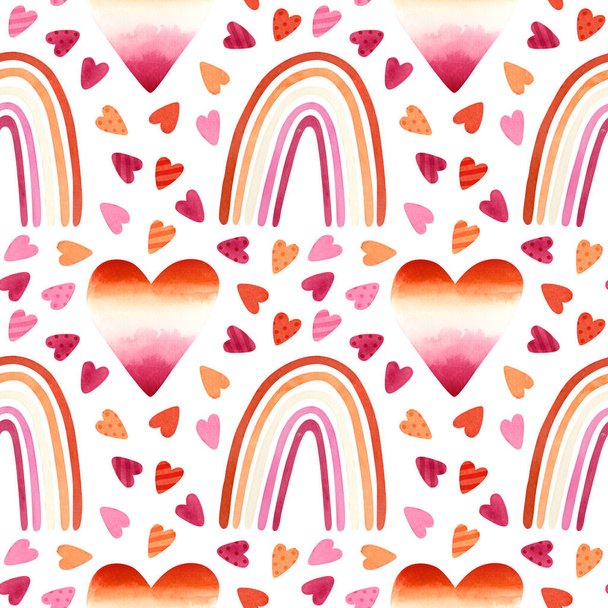 Lesbian pride seamless pattern. LGBT pride month art, rainbows and hearts clipart. Watercolor illustrations on white background - Photo, Image