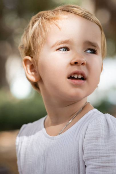 Toddler girl looking away in blurred park  - Foto, Imagen