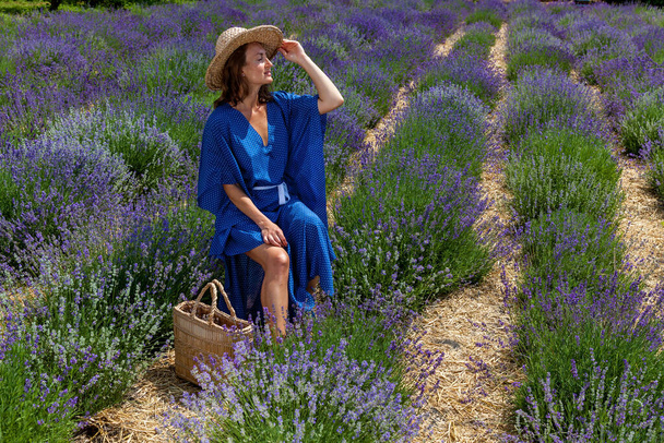Girls in a blue dress and a straw hat are photographed in purple lavender flowers on a field - Photo, image