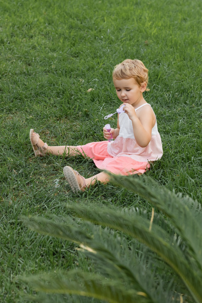 Toddler kid holding soap bubbles and sitting on grass outdoors  - Foto, Imagen