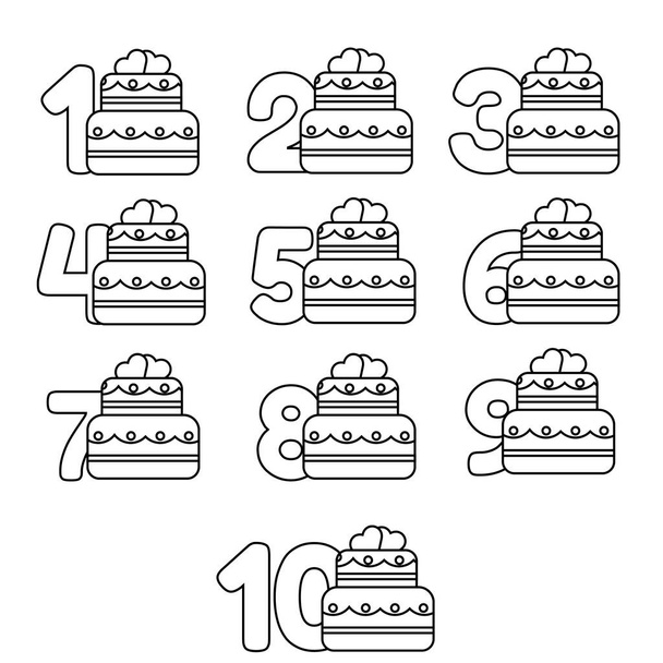 Conjunto de bolos com velas com idade em estilo de linha. Ilustração vetorial - Vetor, Imagem