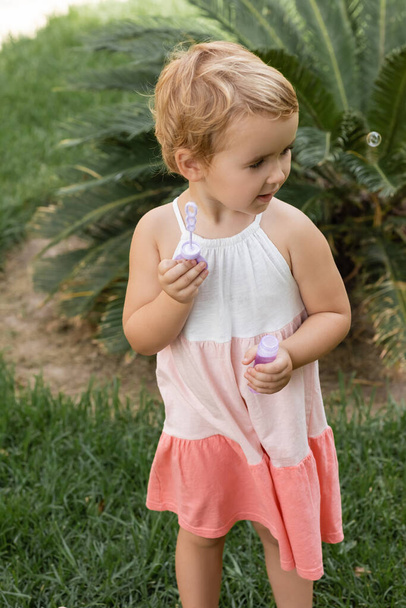 Toddler child in summer dress holding soap bubbles on lawn  - Fotoğraf, Görsel
