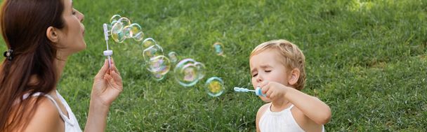 Мать и девочка раздувают мыльные пузыри в летнем парке, плакат  - Фото, изображение