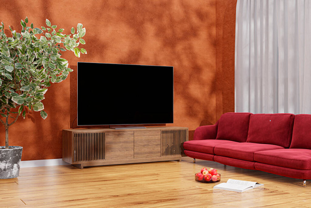 Sisätilojen olohuone, jossa on puinen TV-konsoli. 3d tehty havainnollistaminen. - Valokuva, kuva