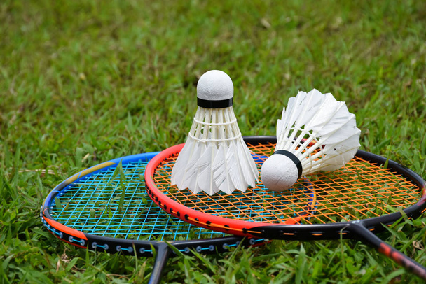Badminton rakcets and badminton shuttlecocks on grass lawn for outdoor playing afterwork or free times activities in daily life. - Фото, зображення