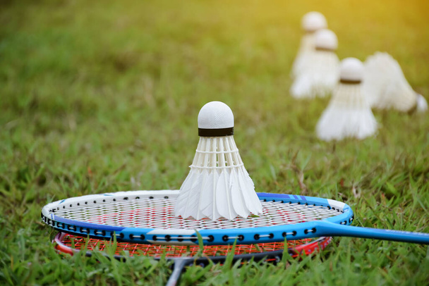 Badminton rakcets and badminton shuttlecocks on grass lawn for outdoor playing afterwork or free times activities in daily life. - 写真・画像