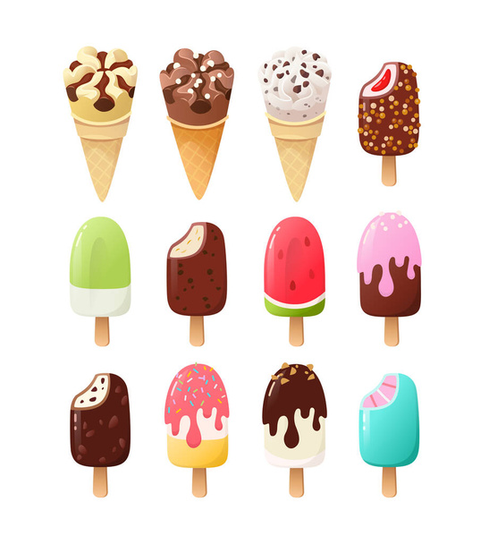 Dondurma külahları ve çeşitli aromalı buzlu dondurmalar, krema ve dondurma. Çikolatalı, çilekli, vanilyalı ve çikolata parçalı tatlı yiyecekler. - Vektör, Görsel