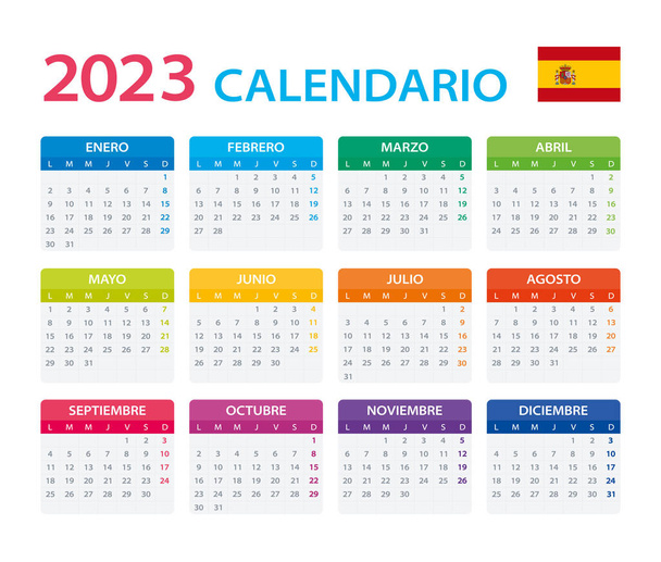 Διανυσματικό πρότυπο του ημερολογίου χρώματος 2023 - ισπανική έκδοση - Διάνυσμα, εικόνα