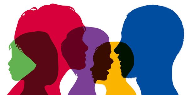Concept familial et éducatif, avec des silhouettes en couleur montrant les profils de couleurs des parents et de leurs trois enfants. - Vecteur, image