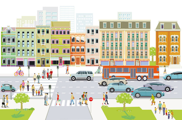 Silueta de la ciudad con las familias en el paso de peatones y el tráfico por carretera, ilustración - Vector, Imagen