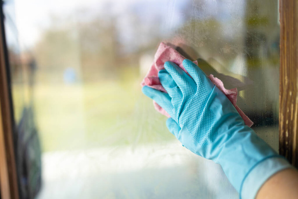 Ręce kobiety w niebieskich gumowych rękawiczkach czyszczące okno z spryskiwaczem i różową szmatą w domu lub biurze, przestrzeń do kopiowania. Koncepcja ludzi, prac domowych i sprzątania.  - Zdjęcie, obraz