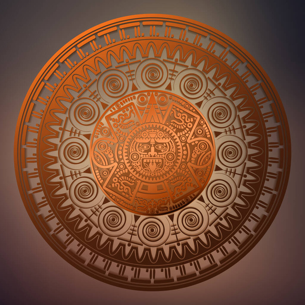 Heilige aztekische Radkalender Maya Sonnengott, Maya-Symbole ethnische Maske, Bronze runden Rahmen Grenze alten Logo Symbol Vektor Illustration isoliert auf Vintage-Hintergrund  - Vektor, Bild