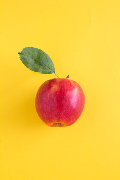 Red apple on the yellow background. Closeup. Location vertical. - Foto, Bild