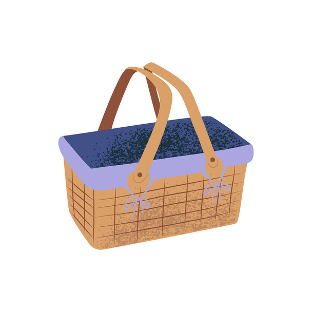 Hand drawn empty straw picnic basket in flat cartoon style, isolated on white vector illustration with grainy texture - ベクター画像