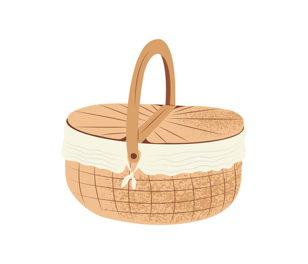 Hand drawn closed straw oval shape picnic basket in flat cartoon style, isolated on white vector illustration with grainy texture - Vektör, Görsel
