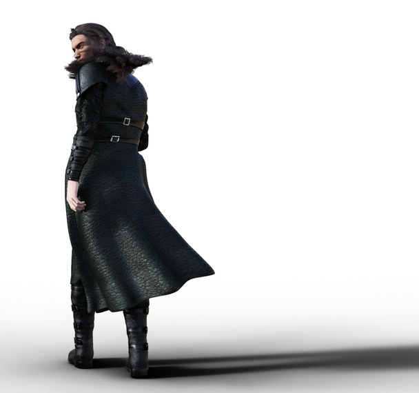 肩のイラストを見下ろす黒い革のコートの男 - 写真・画像