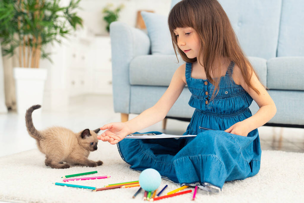 Bambino ragazza pittura con gattino e sdraiato sul pavimento. Piccola persona femminile che disegna con matite colorate e gattino vicino a lei a casa. Foto di alta qualità - Foto, immagini