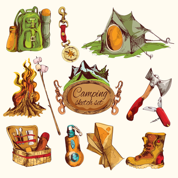 Camping sketch set colored - Vector, Image