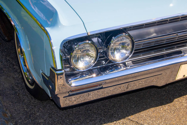 close up of classic vintage aesthetic car front lights, grille,  - 写真・画像