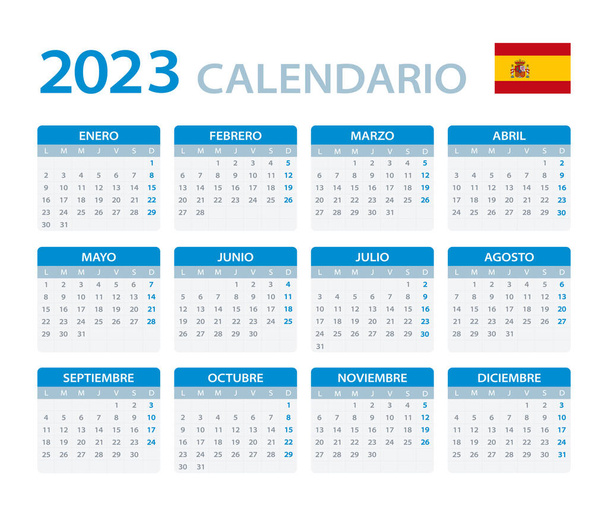 2023 Ημερολόγιο - διανυσματική γραφική απεικόνιση πρότυπο - ισπανική έκδοση. Μετάφραση: Ημερολόγιο. Ονόματα μηνών. Ονόματα ημερών. Ιανουάριος, Φεβρουάριος, Μάρτιος, Απρίλιος, Μάιος, Ιούνιος, Ιούλιος, Αύγουστος, Σεπτέμβριος, Οκτώβριος, Νοέμβριος, Δεκέμβριος. Κυριακή, Δευτέρα, Τρίτη,  - Διάνυσμα, εικόνα