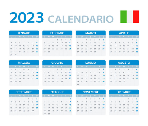 2023 Kalender - vectorsjabloon grafische illustratie - Italiaanse versie. Vertaling: Kalender Maannamen. Dagennamen. Januari, februari, maart, april, mei, juni, juli, augustus, september, oktober, november, december. Zondag, maandag, dinsdag,  - Vector, afbeelding