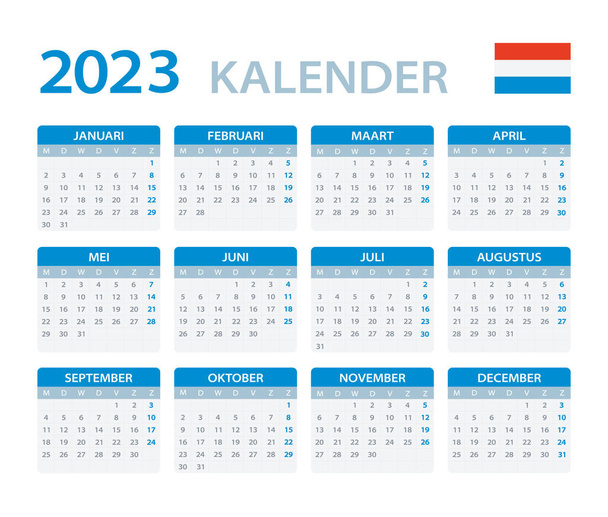 2023 Calendar - vector template graphic illustration - Netherlands version. Translation: Calendar. Names of Months. Names of Days. January, February, March, April, May, June, July, August, September, October, November, December. Sunday, Monday, Tuesd - Vector, Image