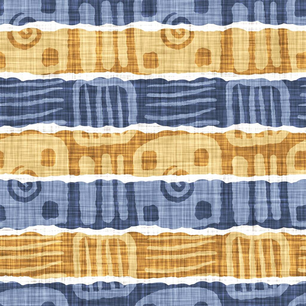 Naadloze Franse land keuken streep stof patroon print. Blauw geel wit horizontaal gestreepte achtergrond. Batik kleurstof herkomststijl rustiek geweven cottagecore textiel - Foto, afbeelding