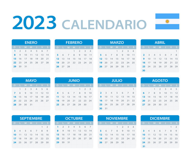 20223 Calendario - modello vettoriale illustrazione grafica - versione argentina. Traduzione: Calendario. Nomi di Mesi. Nomi di Giorni. Gennaio, febbraio, marzo, aprile, maggio, giugno, luglio, agosto, settembre, ottobre, novembre, dicembre. domenica, lunedì, martedì - Vettoriali, immagini