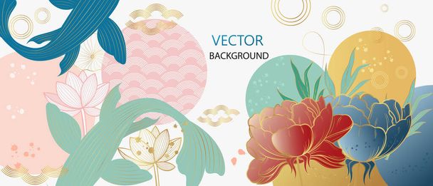  Vector poster with with peony flowers and carp. Japanese poster. Line art style. - Vector, afbeelding