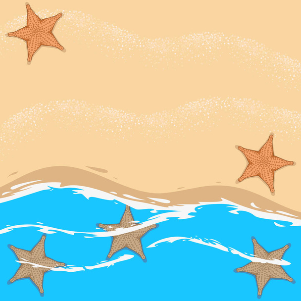 Illustration mit Meer, Wellen, Seesternen und Platz für Text. Marine Vektor Hintergrund. - Vektor, Bild