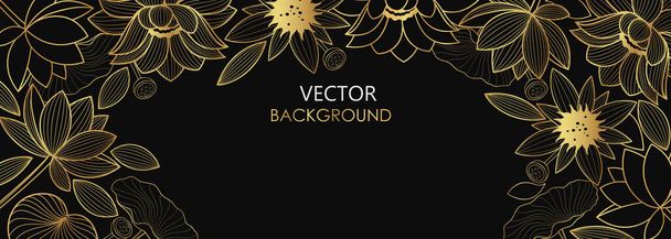  Vector poster with golden flowers and lotus leaves on a black background. Line art style. - Вектор,изображение