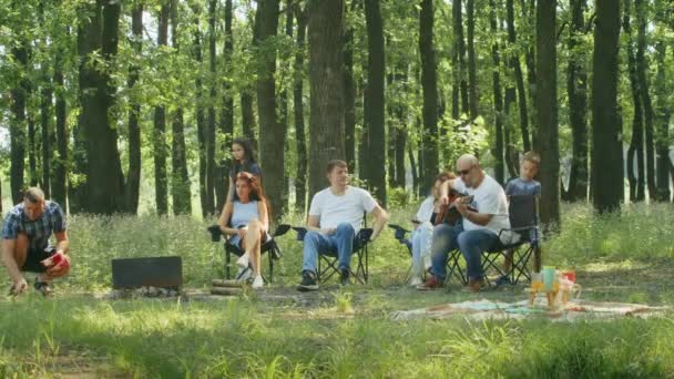 heureux compagnie, maman, papa, fils, fille et leurs amis font un pique-nique dans la région forestière. camping familial en été.repos avec tente dans le parc forestier de la ville - Séquence, vidéo