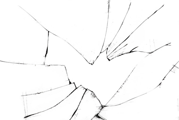 Texture of cracks on broken glass, hole in damaged window - Foto, Imagen