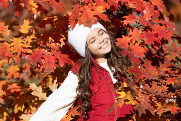 Child teen girl in autumn fall park outdoor, autumn fun kids face. happy kid in hat at autumn leaves on natural background. - Fotografie, Obrázek