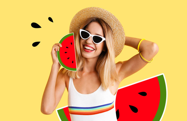 Pretty young woman with juicy watermelon on light yellow background, stylish collage design. Summer vibes - Foto, Bild