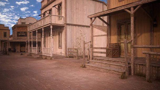 Escaliers en bois et entrée à la maison sur une vieille rue ouest américaine avec hôtel et saloon en arrière-plan. Illustration 3D. - Photo, image