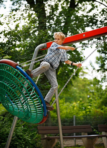 Boy, 10 years, romping in a playground, swinging in a nest swing - Фото, зображення