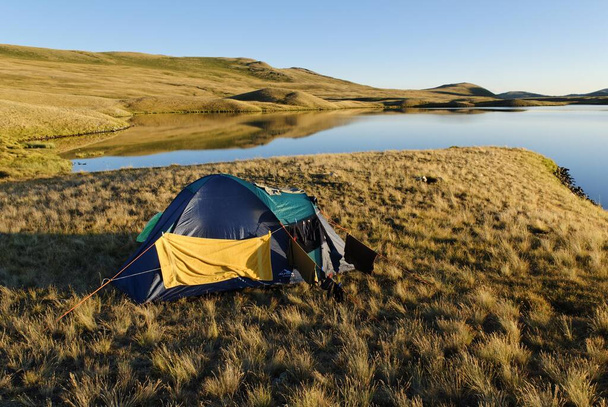 Camping in a tent, Saylyugem Mountains, Chuya Steppe, Altai Republic, Siberia, Russia, Asia, Europe - Photo, image